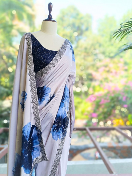 Breeze Blue Floral Printed Saree with Readymade Blouse