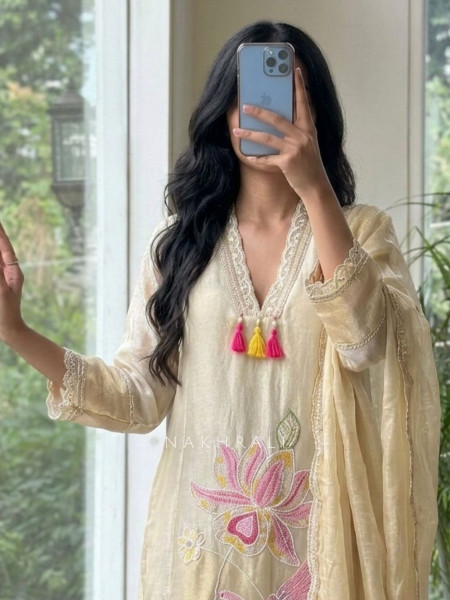 Motiya Beige Chanderi Suit Set
