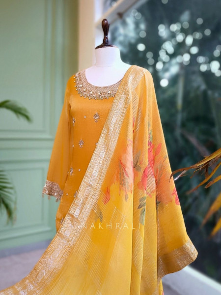 Sunhera Yellow Silk Kurta & Skirt Set with Zari Zardozi Work