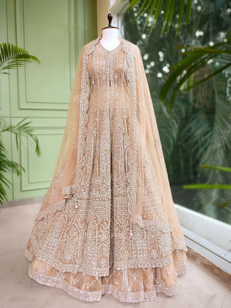 Seraphira Peach Net Achkan Lehenga with Sequin and Stone Work
