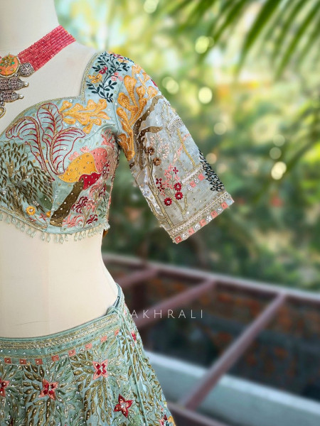 Kachhi dori Pista Green Lehenga Set with Sequin Thread Embroidery