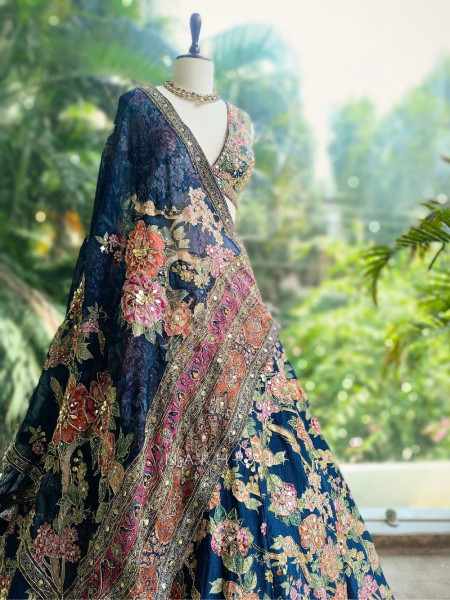 Iravya Navy Floral Lehenga with Printed Dupatta