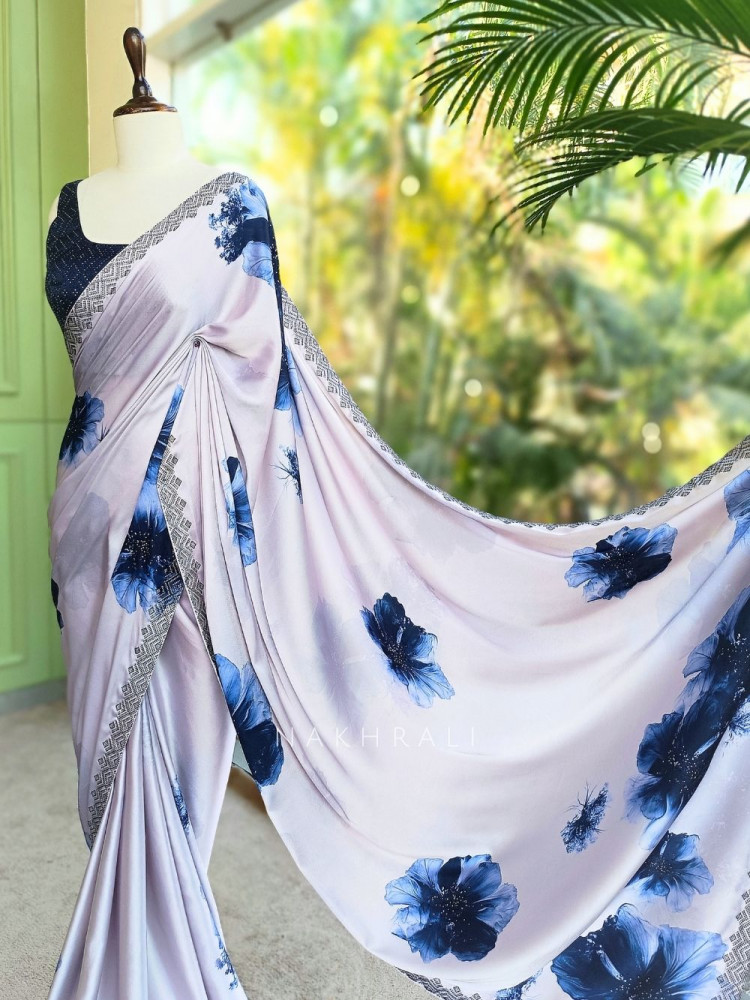 Image of Breeze Blue Floral Printed Saree with Readymade Blouse