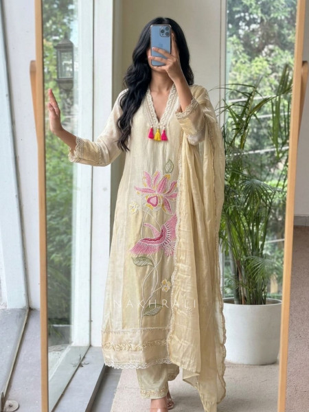 Motiya Beige Chanderi Suit Set