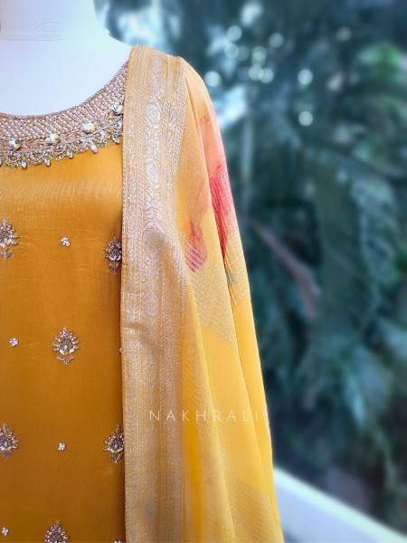 Sunhera Yellow Silk Kurta & Skirt Set with Zari Zardozi Work
