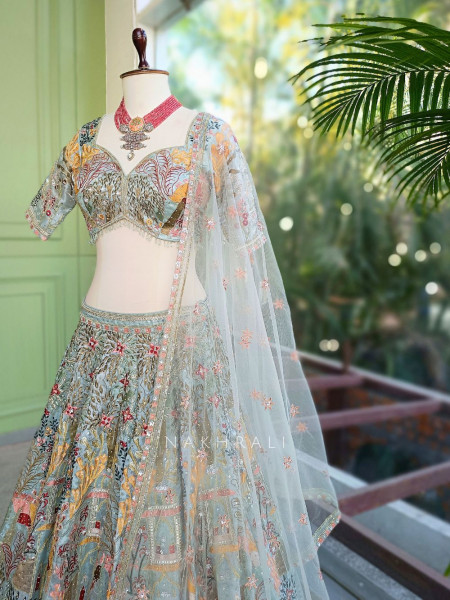Kachhi dori Pista Green Lehenga Set with Sequin Thread Embroidery