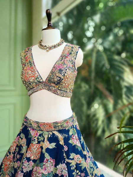 Iravya Navy Floral Lehenga with Printed Dupatta