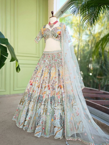 Kachhi dori Pista Green Lehenga Set with Sequin Thread Embroidery
