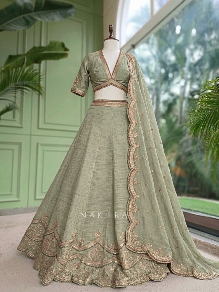 Image of Mehrab-Noor Pista Green Tussar Lehenga