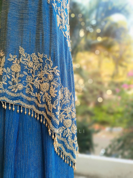 Azure Bloom Cape Top Sharara Set with Cut dana Work