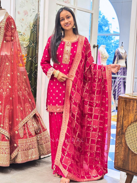 Aaradhya Maroon Kurta Palazzo Set with Zari Work & Brocade Dupatta