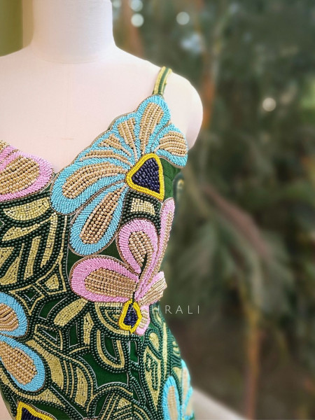 Yevira Green Bead Embellished Crop Top Palazzo Set with Dupatta