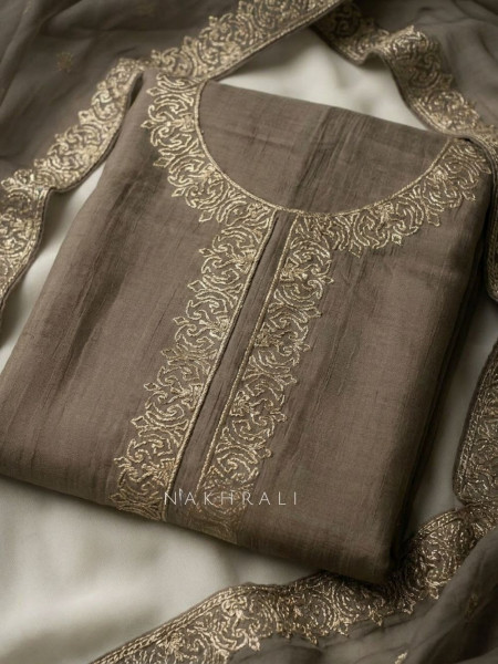 Virelle Brown Embroidered Dress Material with Sheer Dupatta