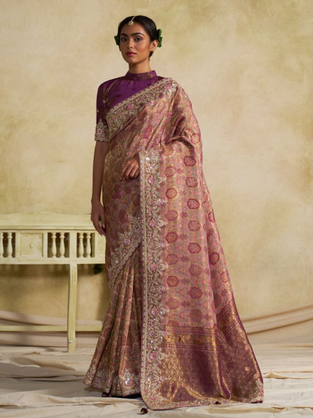 Eshanya Purple Tissue Dola Silk Saree with Heavy Zardozi Border