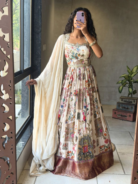 Zarvella Cream Anarkali with Artistic Printed Work and Dupatta