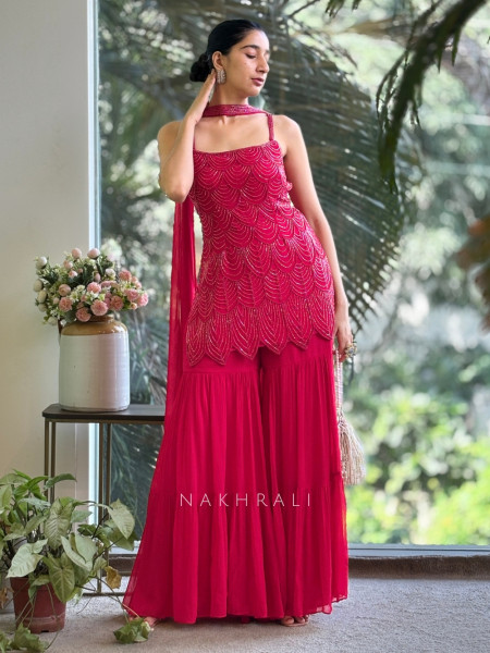 Royal Aura Magenta Gharara Set with Pearl and Cutdana Work