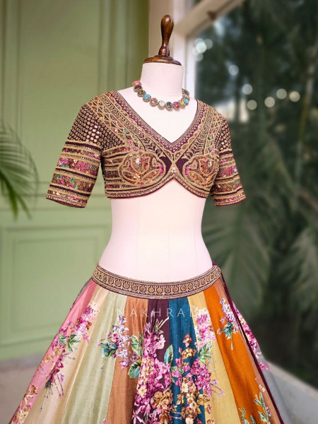 Elysian Mosaic Multicolor Floral Lehenga with Zari and Thread Work
