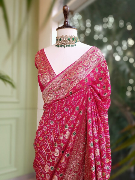 Zariyah Magenta Bandhani Saree with Zari Weave