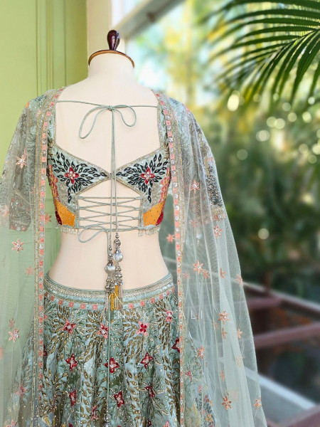 Kachhi dori Pista Green Lehenga Set with Sequin Thread Embroidery