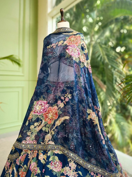 Iravya Navy Floral Lehenga with Printed Dupatta