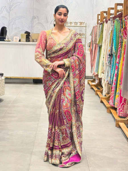 Mahnoor Pink Multicolor Printed Crepe Saree with Zari Sequin Work