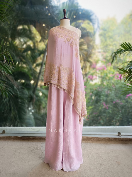 Azure Bloom Cape Pink Onion Top Sharara Set with Cutdana Work