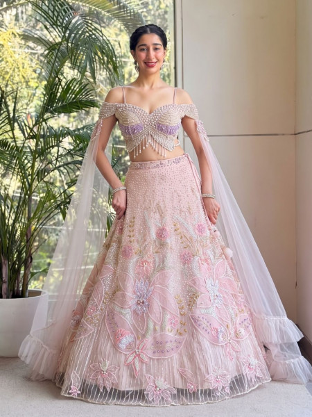 Aveline Pink Lehenga with Sequin & Pearl Detailing
