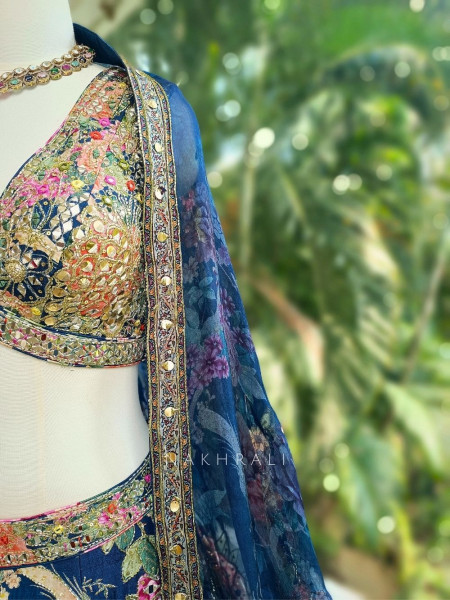 Iravya Navy Floral Lehenga with Printed Dupatta