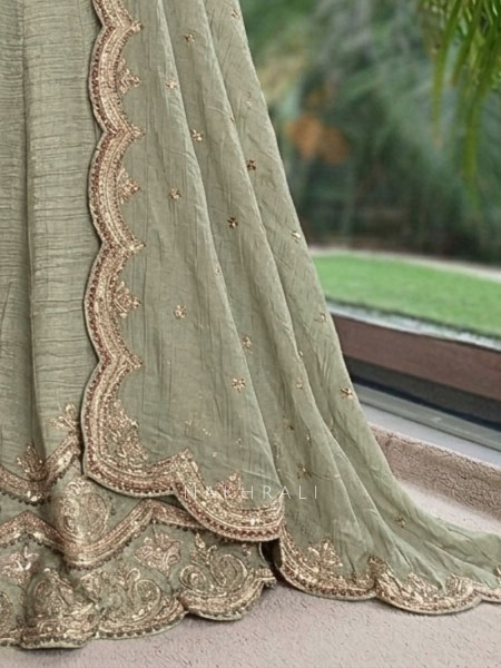 Mehrab-Noor Pista Green Tussar Lehenga