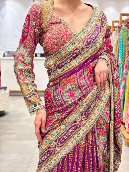 Mahnoor Pink Multicolor Printed Crepe Saree with Zari Sequin Work