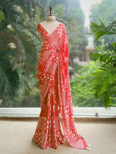 Varnika Rust Handloom Batik Saree with Tassels