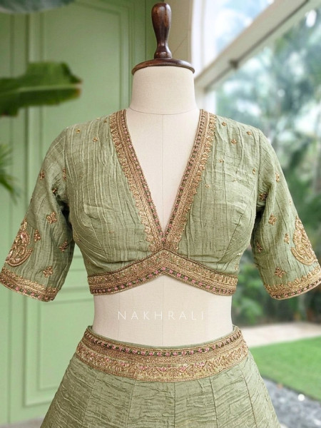 Mehrab-Noor Pista Green Tussar Lehenga