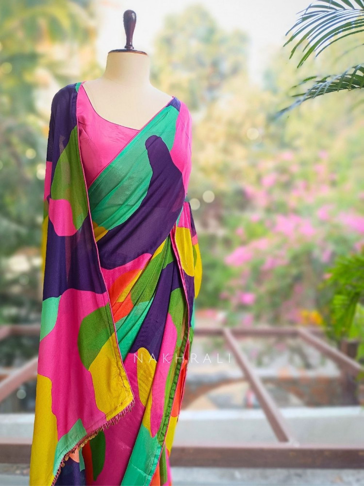 Image of Colorwave Multicolor Printed Saree with Embroidered Jacket Set