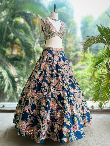 Iravya Navy Floral Lehenga with Printed Dupatta