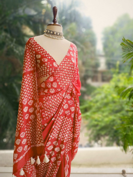 Varnika Rust Handloom Batik Saree with Tassels