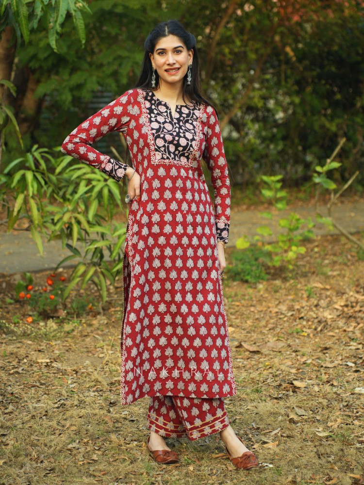 Image of Red Block Printed Cotton Pant Kurta Set