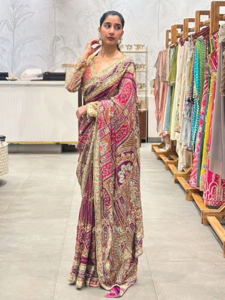 Mahnoor Pink Multicolor Printed Crepe Saree with Zari Sequin Work