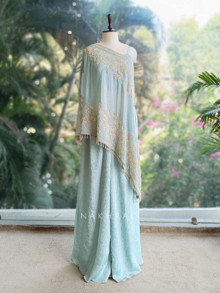 Azure Bloom Cape Sea Green Top Sharara Set with Cutdana Work