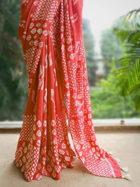 Varnika Rust Handloom Batik Saree with Tassels