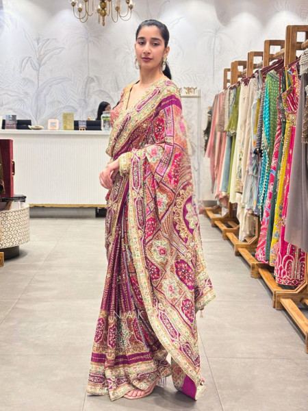 Mahnoor Pink Multicolor Printed Crepe Saree with Zari Sequin Work
