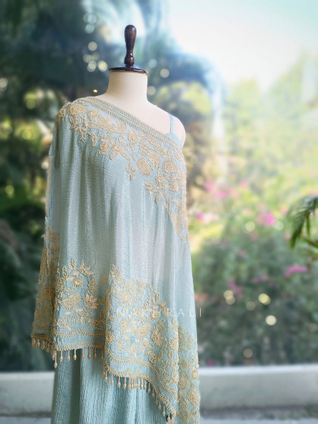Azure Bloom Cape Sea Green Top Sharara Set with Cutdana Work