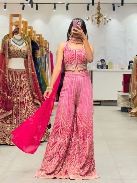 Serenya Pink Sequin Palazzo Set with Choker Dupatta