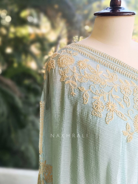 Azure Bloom Cape Sea Green Top Sharara Set with Cutdana Work