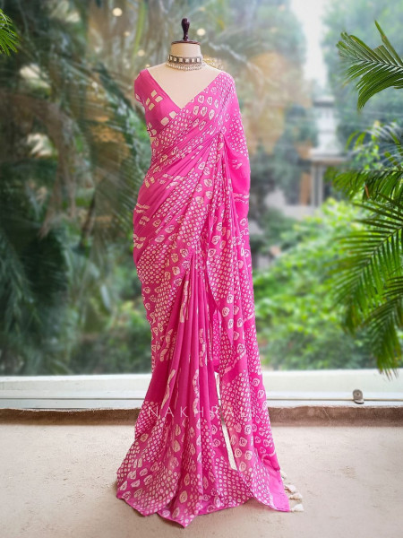 Varnika Pink Handloom Batik Saree with Tassels