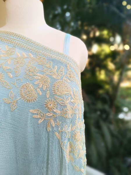 Azure Bloom Cape Sea Green Top Sharara Set with Cutdana Work