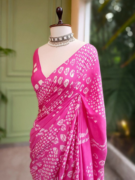 Varnika Pink Handloom Batik Saree with Tassels