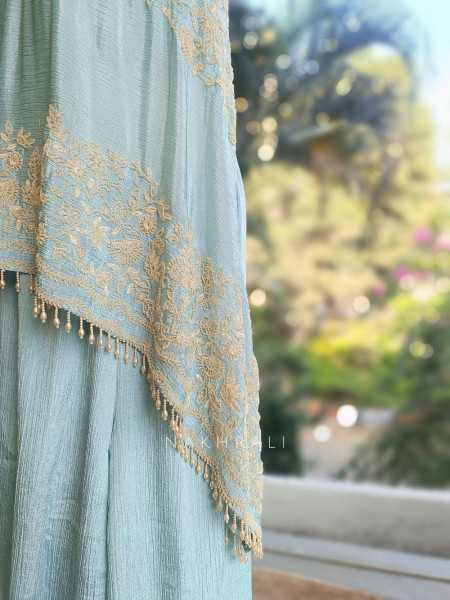 Azure Bloom Cape Sea Green Top Sharara Set with Cutdana Work