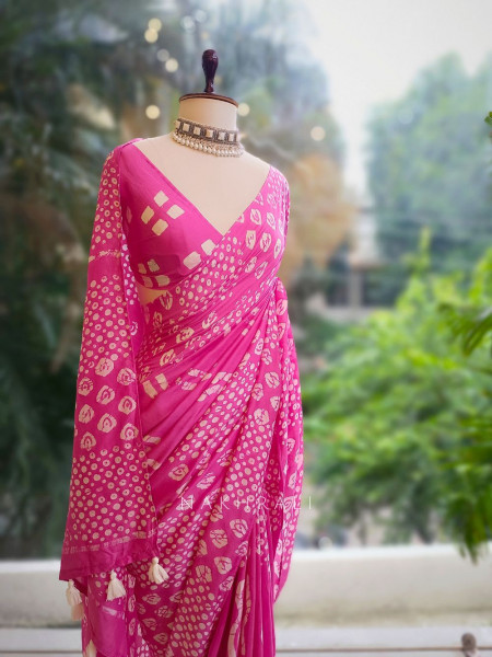 Varnika Pink Handloom Batik Saree with Tassels