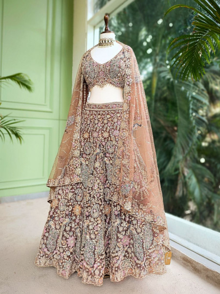 Anvika Brown Embroidered Lehenga with Zari & Zardozi