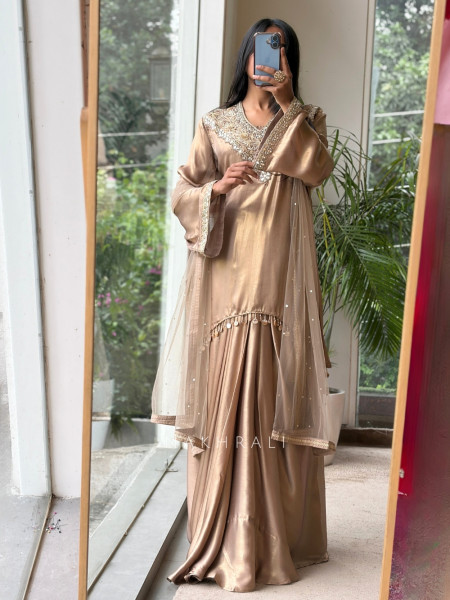 Mehraz Brown Silk Kurta Skirt Set
